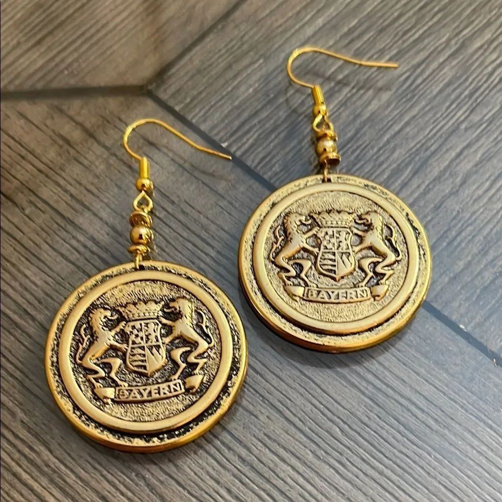 Vintage BAYERN Crest Gold-tone Coin Drop Earrings